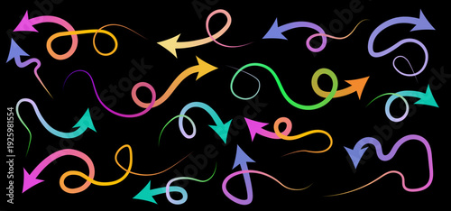 Gradient arrow squiggle vector collection with flowing curved lines, festive swirl icons, and vibrant multicolor spiral brush strokes in bold abstract style.