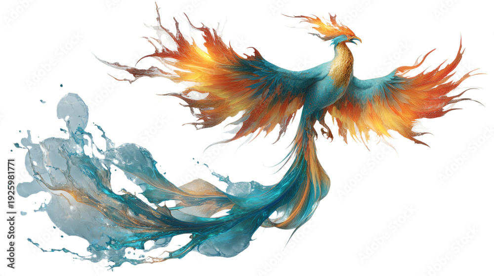 Obraz premium Elemental phoenix combining fire wings, water tail and stone body, epic fantasy creature, isolated on a white background