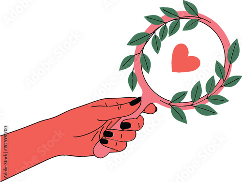 Hand holding floral wreath vector illustration with heart symbol, romantic self care and love concept, modern minimal design isolated on white for lifestyle and wellness projects