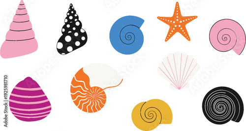 Colorful seashells and starfish vector illustration set with spiral shells and marine shapes, playful ocean elements isolated on white for beach, summer and decorative design