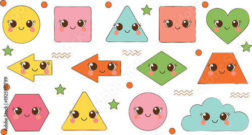 Cute kawaii geometric shapes vector illustration set with smiling faces, colorful cartoon characters and playful elements for kids, education, stickers and learning design