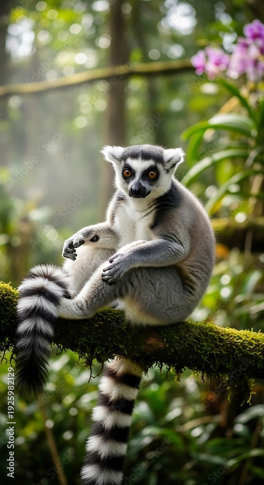 Fototapeta premium Ring-tailed lemur perched on a mossy branch in a lush forest setting.