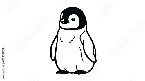 Cute baby penguin chick black and white illustration. Adorable cartoon emperor penguin standing, simple outline drawing.