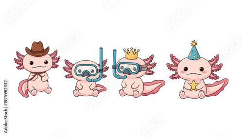 Cute Axolotl Cartoon Characters Set: Cowboy, Snorkeler, Crowned, and Party Animal Illustrations
