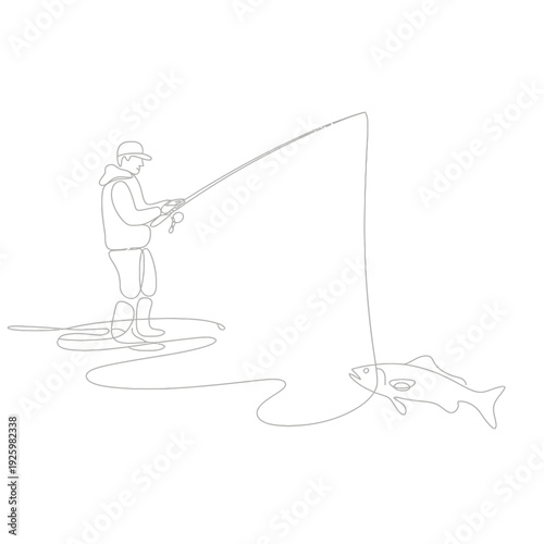 A continuous line drawing depicts a fisherman and a caught fish