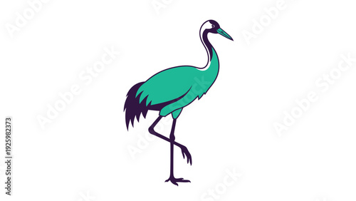 Elegant Teal Crane Bird Standing on One Leg, Flat Design Vector Illustration Isolated on White