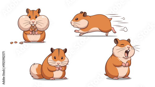 Cute Cartoon Hamster Character Set: Eating, Running, Yawning, and Sitting Poses. Adorable Rodent Illustrations on White.