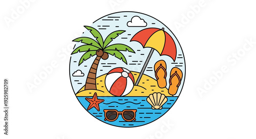 Tropical Island Beach Scene with Palm Tree, Umbrella, Beach Ball, and Sunglasses