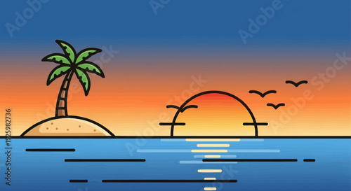 Tropical island sunset with palm tree and ocean waves, serene summer vacation scene