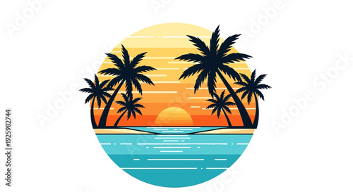 Tropical Sunset Beach Palm Trees Circle Vector Illustration