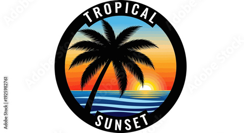Tropical Sunset Palm Tree Logo Circle Emblem