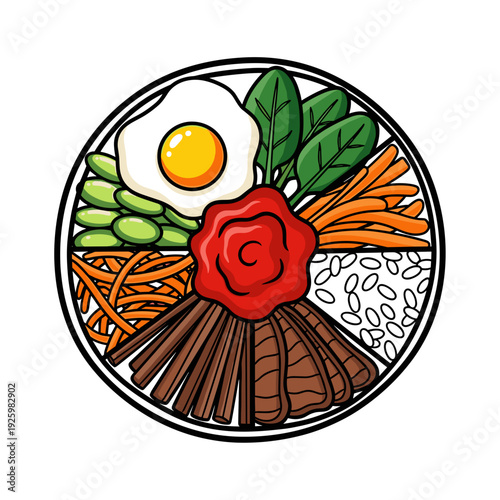 Bibimbap bowl with colorful ingredients on white background