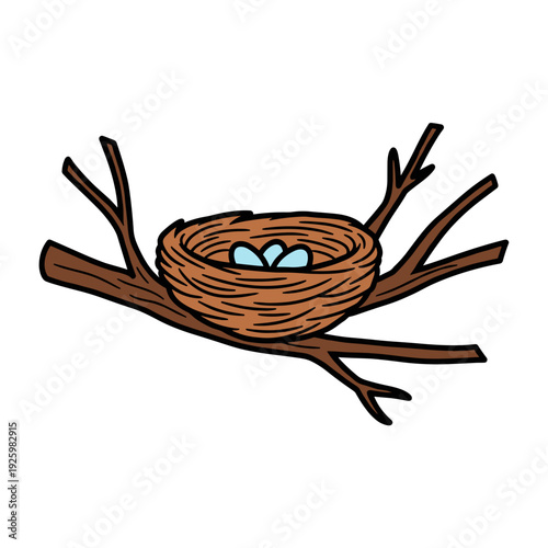 Bird nest resting in bare tree branches vector illustration, on white background