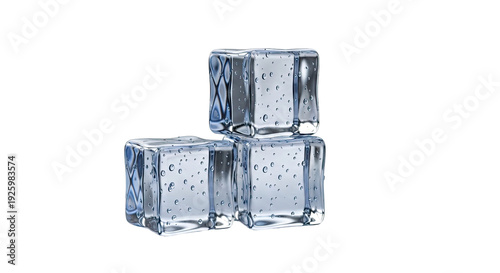 Stack of three clear ice cubes with air bubbles