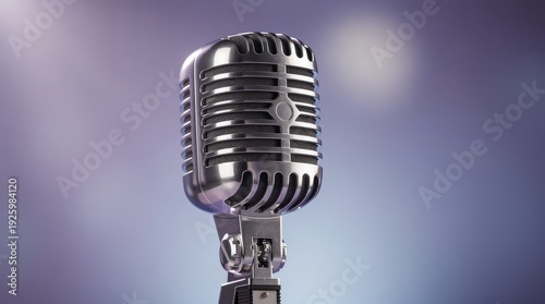 A close-up image of a vintage-style silver microphone against a soft purple background.