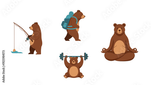 Diverse Cartoon Bear Activities: Fishing, Hiking, Weightlifting, and Meditation