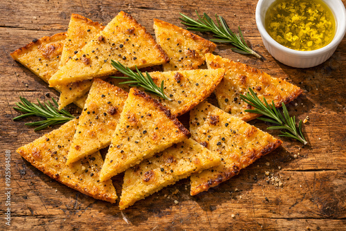 sliced Sardinian farinata chickpea pancake arranged in overlapping triangular pieces rather than whole form, rosemary sprigs resting naturally, cracked black pepper visible on surface.