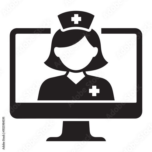 Female nurse on computer screen, representing telemedicine and remote healthcare