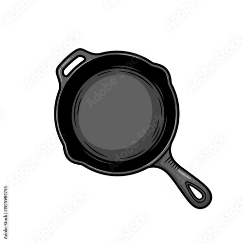 Cast iron skillet top view on white background