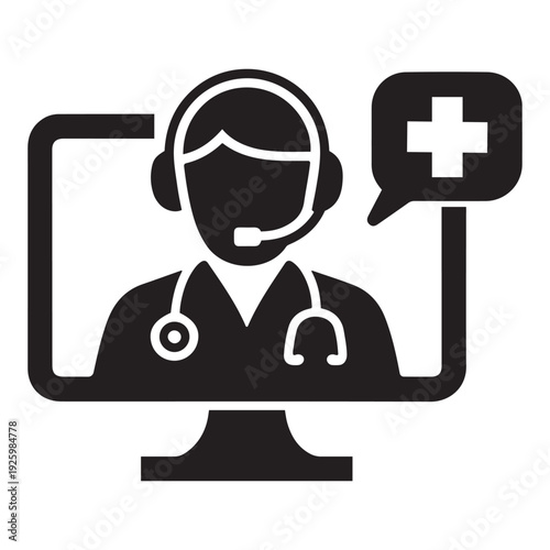 Doctor with headset on computer, representing online support and telemedicine calls