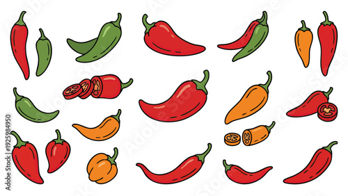 Chili Pepper Vector Collection with Red Green and Orange Hot Peppers