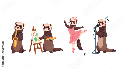Cartoon Ferrets Pursuing Artistic Hobbies: Playing Saxophone, Painting, Ballet Dancing, and Singing