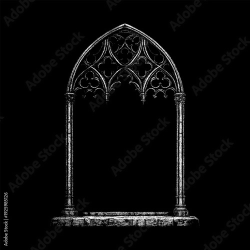 Hand-drawn vector illustration of a gothic stone arch window with ornate tracery and columns, isolated on a dark background. Vintage architectural frame with medieval cathedral details.