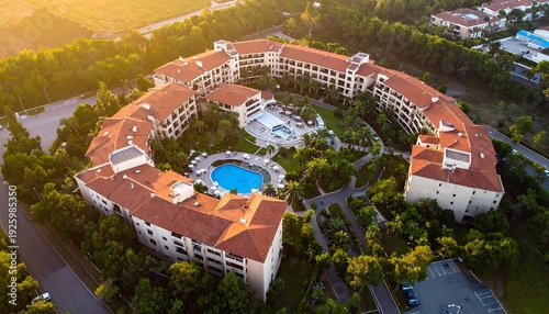 Aerial view of large horseshoe-shaped resort with orange roofs and blue pool