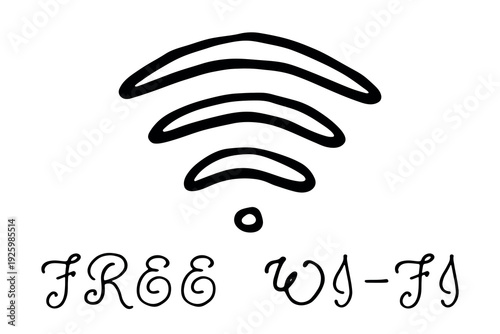 Hand drawn free wifi spot zone sign Public wi-fi area sign Wireless internet clipart in doodle style Single element for print, web, design, decor 3G, 4G, 5G, 6G, IoT