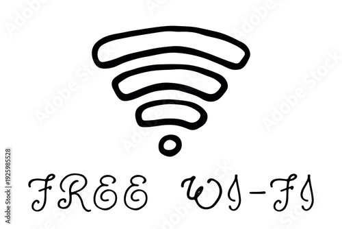 Hand drawn free wifi spot zone sign Public wi-fi area sign Wireless internet clipart in doodle style Single element for print, web, design, decor 3G, 4G, 5G, 6G, IoT