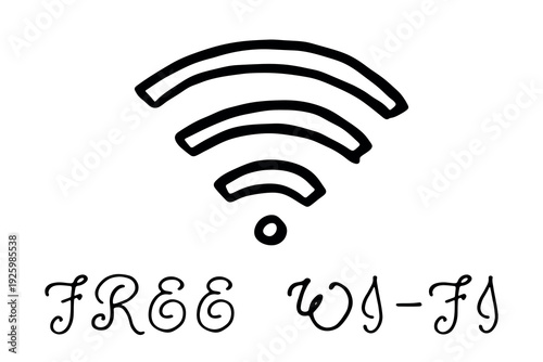 Hand drawn free wifi spot zone sign Public wi-fi area sign Wireless internet clipart in doodle style Single element for print, web, design, decor 3G, 4G, 5G, 6G, IoT
