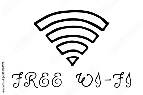 Hand drawn free wifi spot zone sign Public wi-fi area sign Wireless internet clipart in doodle style Single element for print, web, design, decor 3G, 4G, 5G, 6G, IoT