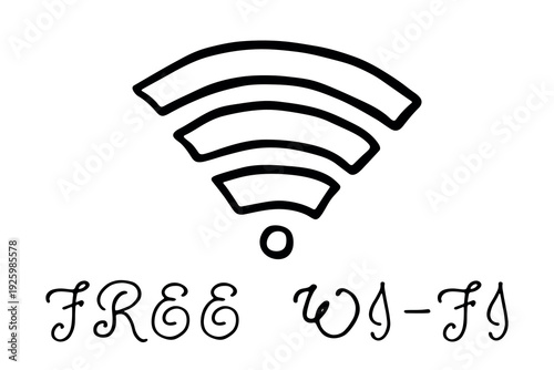 Hand drawn free wifi spot zone sign Public wi-fi area sign Wireless internet clipart in doodle style Single element for print, web, design, decor 3G, 4G, 5G, 6G, IoT