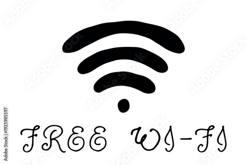 Hand drawn free wifi spot zone sign Public wi-fi area sign Wireless internet clipart in doodle style Single element for print, web, design, decor 3G, 4G, 5G, 6G, IoT