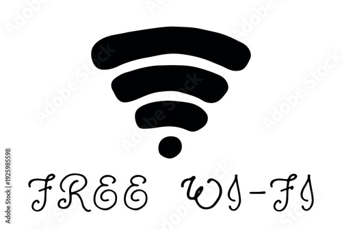 Hand drawn free wifi spot zone sign Public wi-fi area sign Wireless internet clipart in doodle style Single element for print, web, design, decor 3G, 4G, 5G, 6G, IoT