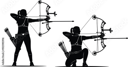 Female archer silhouette set, woman practicing archery with compound bow and arrows isolated on white background illustration