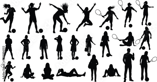 Women sports and lifestyle silhouettes set, female athletes playing tennis, soccer, fitness poses isolated on white background illustration