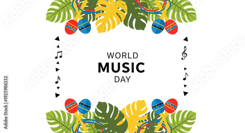 World Music Day vector graphic with tropical leaves and musical notes