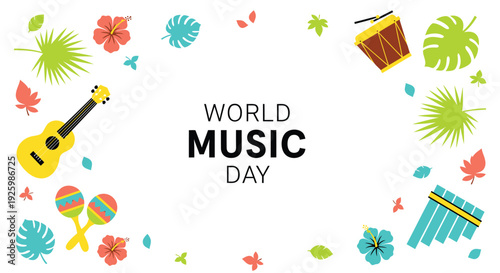 World Music Day icon collection. Includes guitar, maracas, djembe, music notes, leaves, flowers. Created in colorful flat style with pastel palette