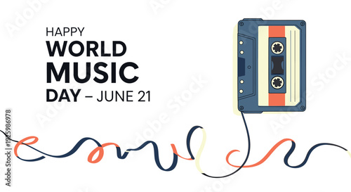 World Music Day cassette tape icon with colorful wire