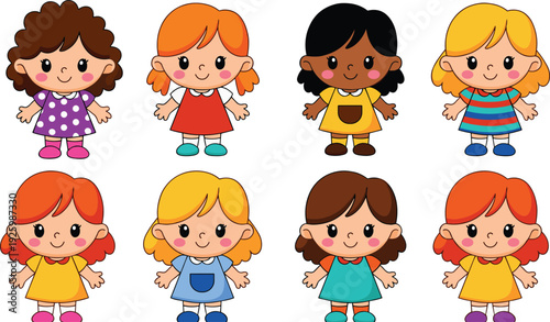 ector illustration set of eight cute diverse happy cartoon girls in colorful dresses for childhood education school friendship and early childhood development designs