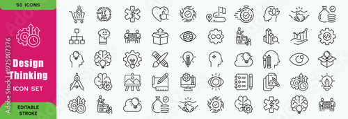 Creativity design thinking line editable icon set.. Creative business solutions icons for web and mobile app.Creative idea, team management, solution, brainstorming, invention. Vector illustration