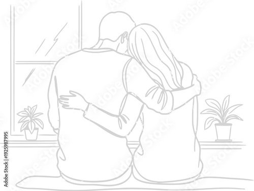 Couple sitting together near window with plants