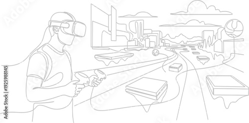 Man using virtual reality headset to explore cityscape