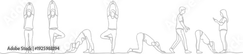 Woman practicing yoga poses in continuous line drawing
