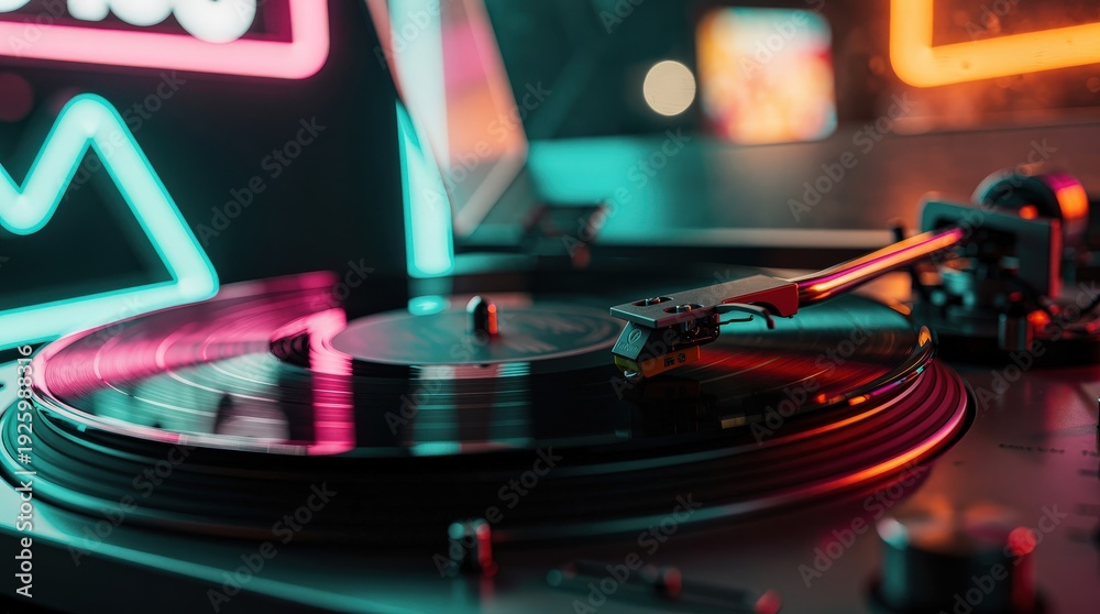 Naklejka premium A close-up of a vinyl record spinning on a turntable, illuminated by neon lights creating a vibrant, retro atmosphere.