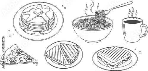 Delicious breakfast foods and coffee illustration