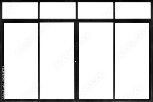 Real modern black store front double glass door window frame isolated on white background