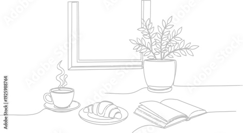 A cup of coffee with croissant and book near the window