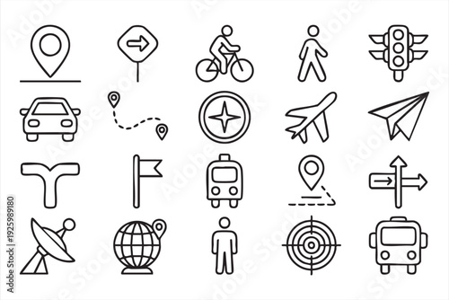 Travel and wayfinding outline icon collection with location pins, vehicles, and direction symbols